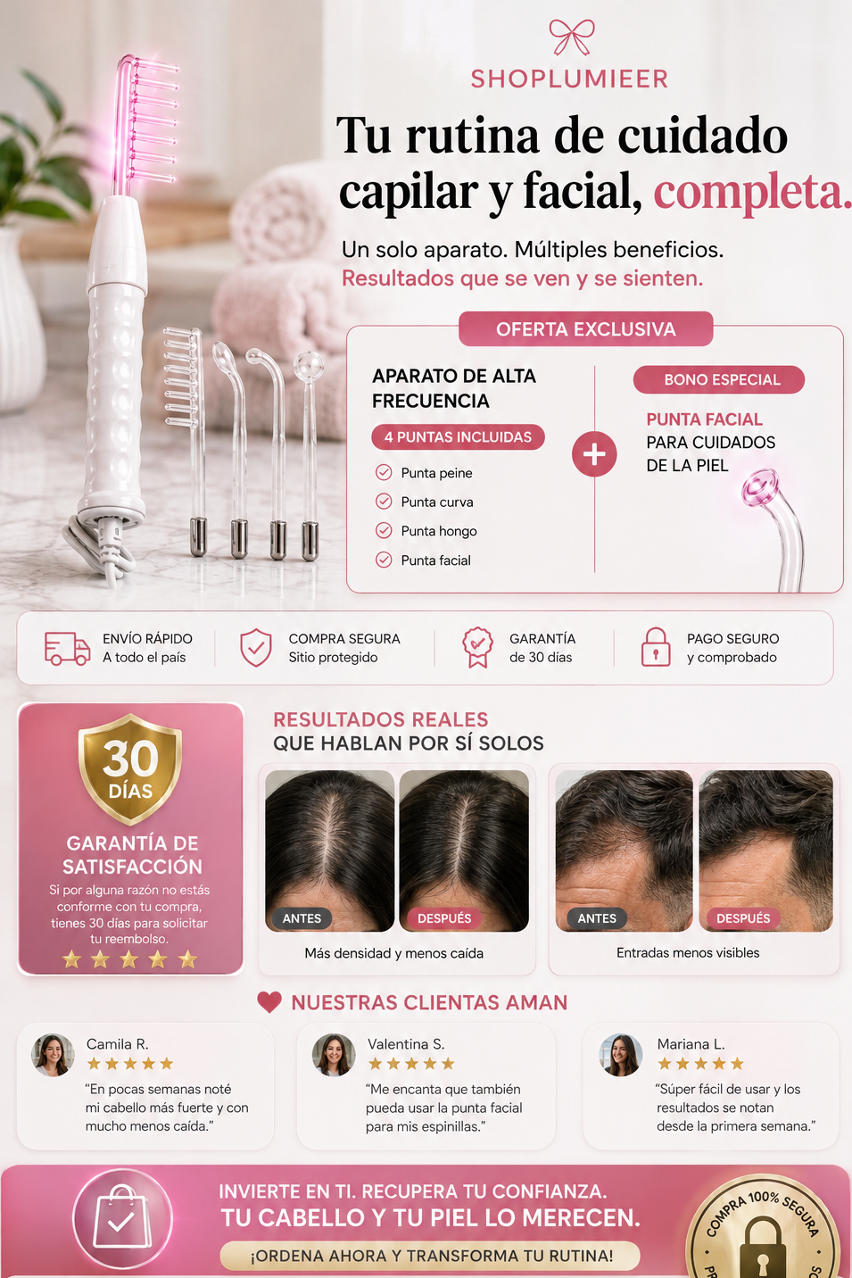 Lumieer™ Pro Alta Frecuencia – Varita para Caída de Cabello, Entradas y Calvicie | Reactiva Folículos y Recupera tu Cabello en Casa Sin Minoxidil