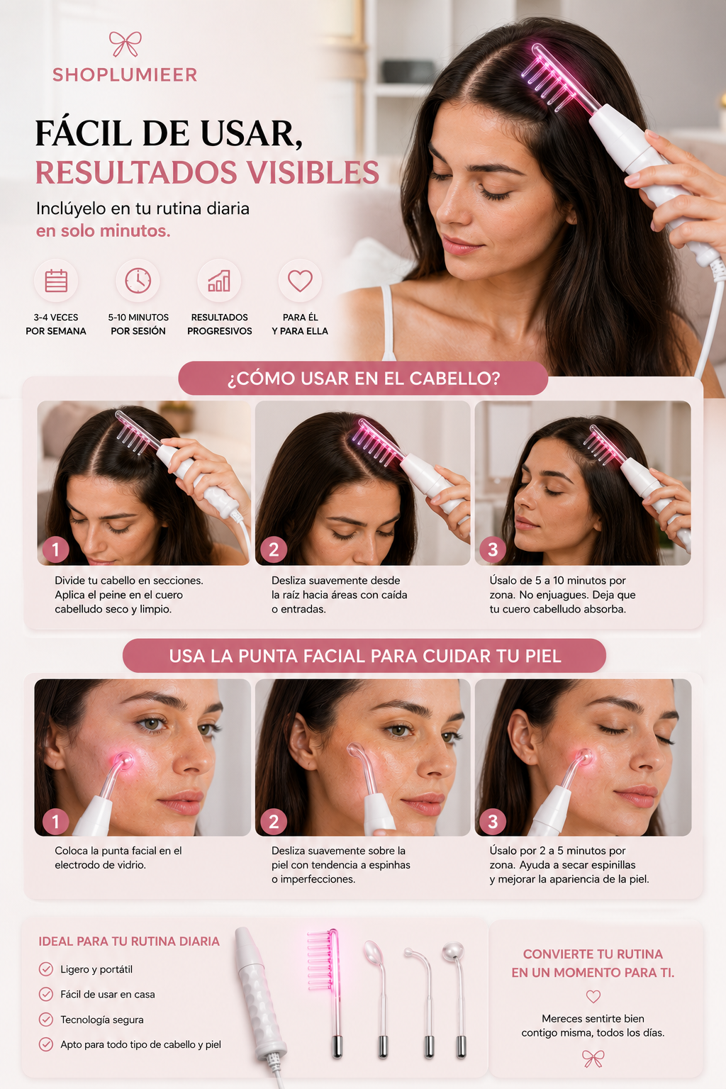Lumieer™ Pro Alta Frecuencia – Varita para Caída de Cabello, Entradas y Calvicie | Reactiva Folículos y Recupera tu Cabello en Casa Sin Minoxidil