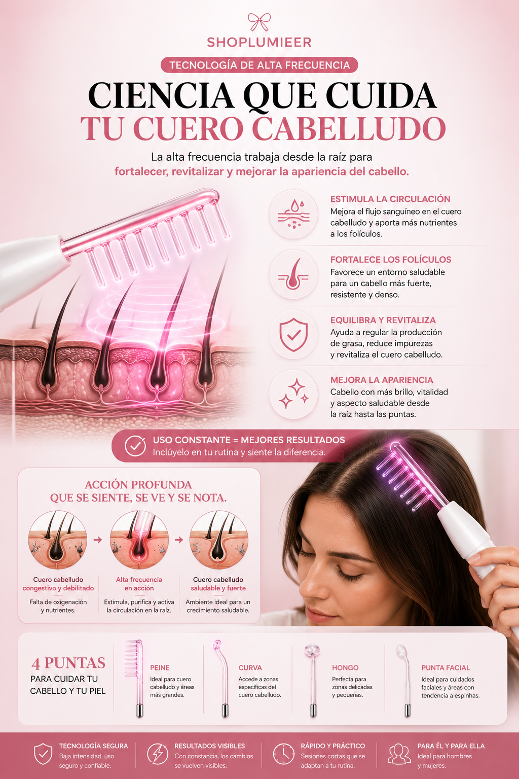 Lumieer™ Pro Alta Frecuencia – Varita para Caída de Cabello, Entradas y Calvicie | Reactiva Folículos y Recupera tu Cabello en Casa Sin Minoxidil