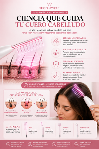 Lumieer™ Pro Alta Frecuencia – Varita para Caída de Cabello, Entradas y Calvicie | Reactiva Folículos y Recupera tu Cabello en Casa Sin Minoxidil