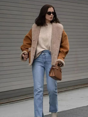 Warm Sherpa-Lined Faux Suede Jacket