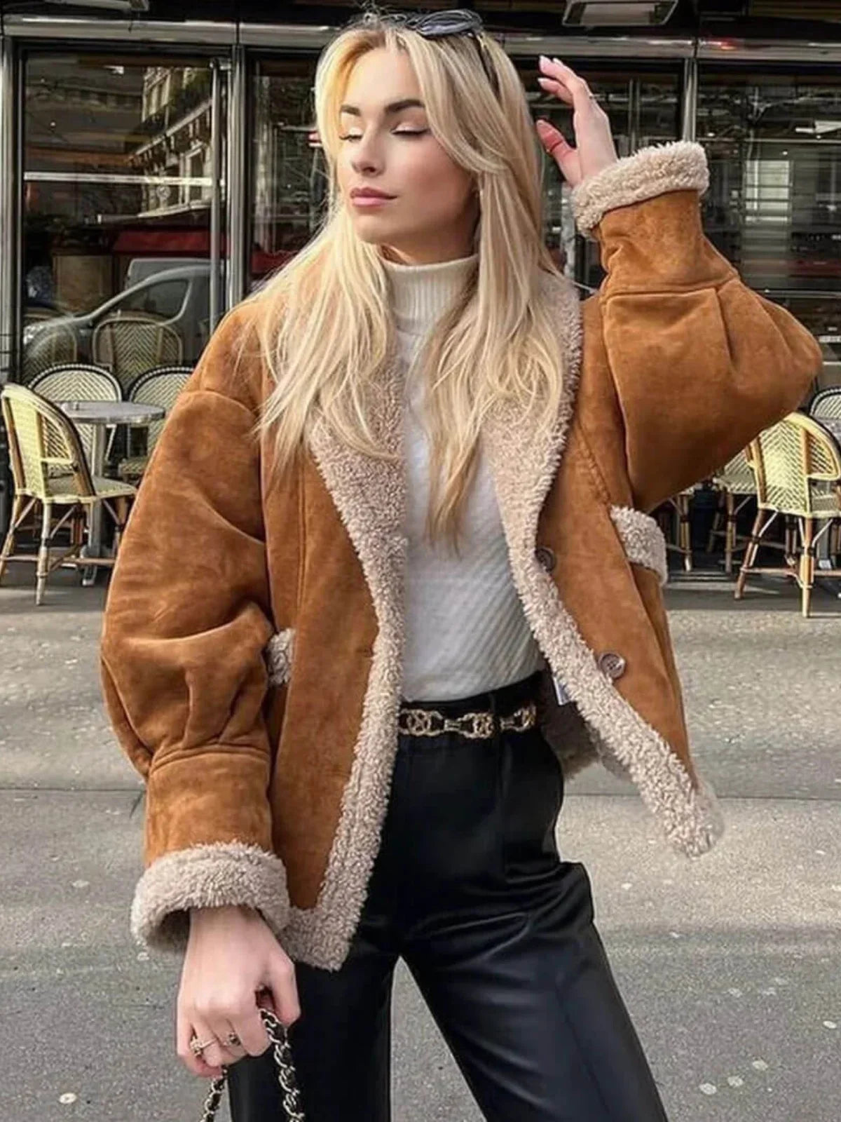 Warm Sherpa-Lined Faux Suede Jacket